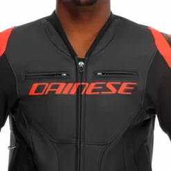 Giubbotto Racing 5 Pelle Nero Rosso Fluo